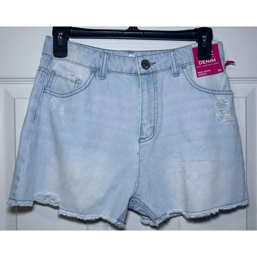 Justice Denim Shorts Girls 16 Blue Mini Distressed Raw Hem Zip Fly NWT